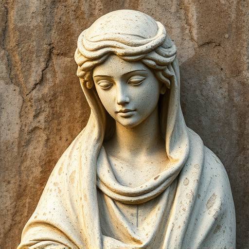 A close-up of a stone statue eroded by acid rain, showing pitted surfaces and discoloration