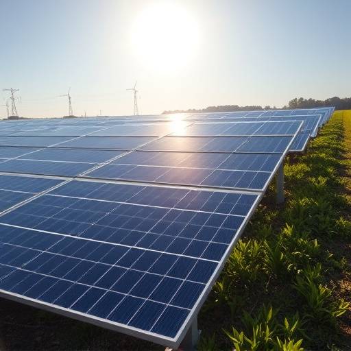 A field of solar panels converting sunlight into electricity, illustrating solar energy as a clean energy source.