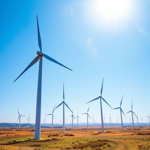 A large wind turbine farm on a sunny day, showcasing the use of wind energy to generate electricity.