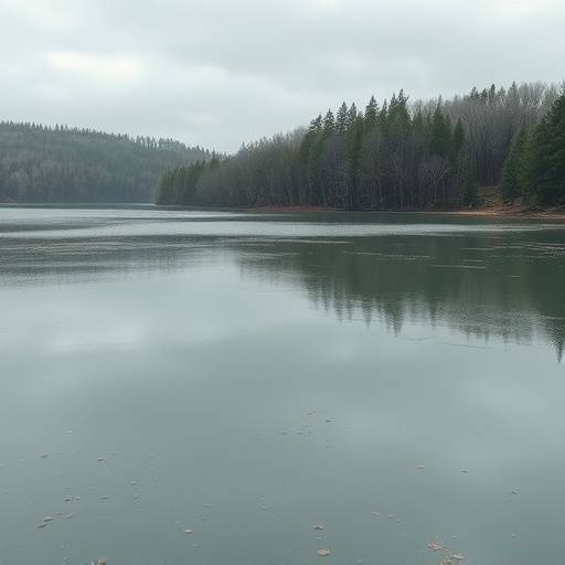 A lifeless lake affected by acid rain, with no visible aquatic plants or fish