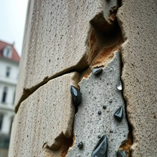 Close-up photograph showing the corrosive effects of acid rain on a stone monument. The stone surface is weathered and pitted from acid erosion.