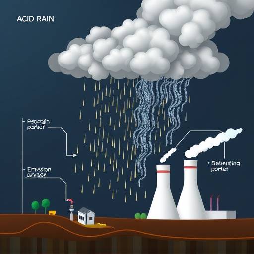 Diagram illustrating the formation of acid rain, showing emissions from power plants reacting with water and gases in the atmosphere to form acidic precipitation.