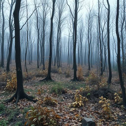 Image of a forest with dying trees, highlighting the damage caused by acid rain to forest ecosystems. The trees have sparse foliage and discolored leaves.