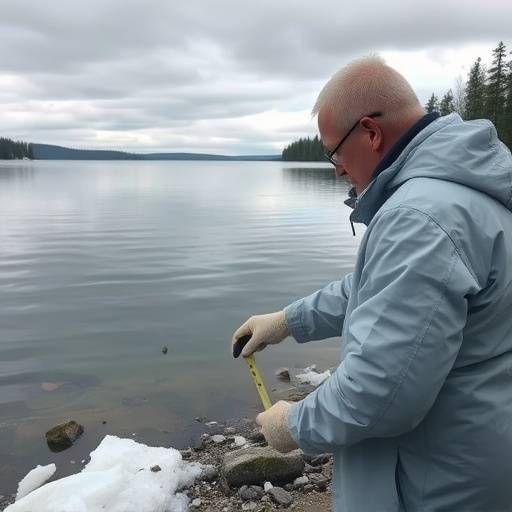 Scientist measuring the pH level of a lake near Sudbury, Ontario